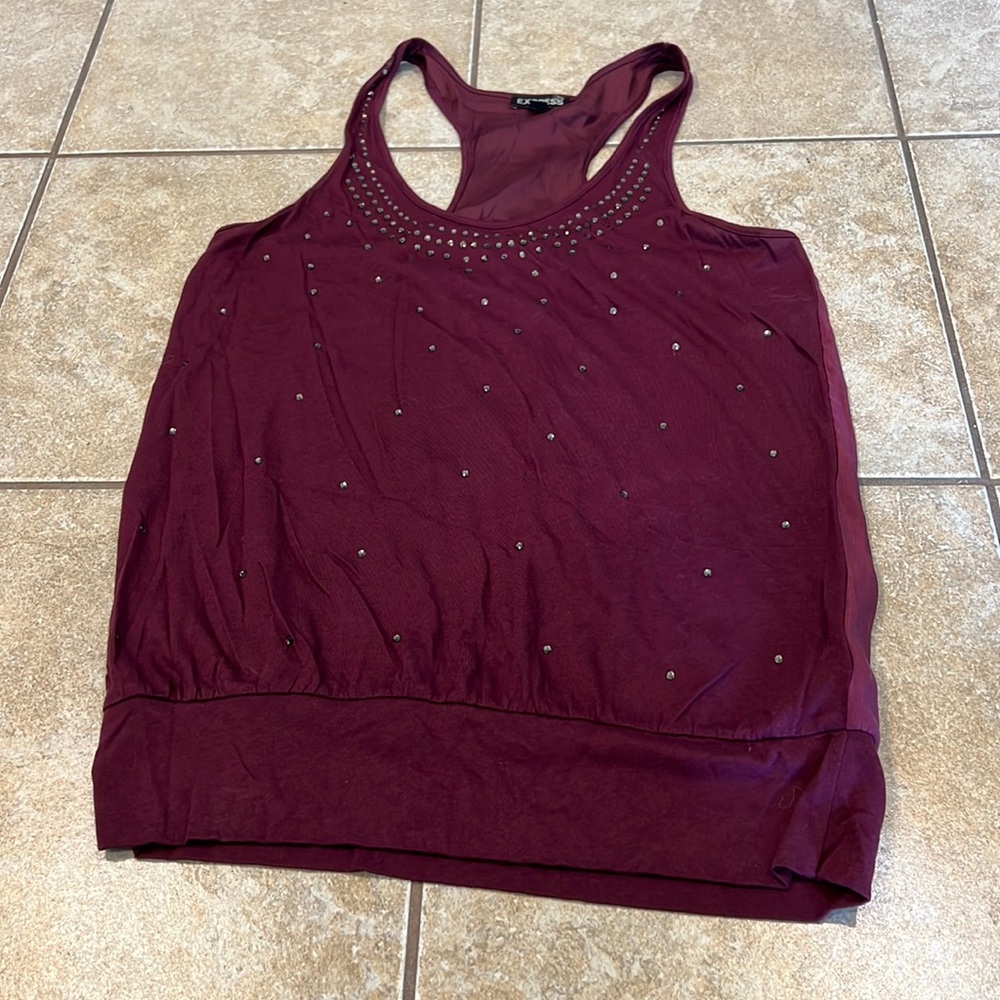 Express Maroon/Purple Like New Rhinestone Bejeweled Silky Back Tank